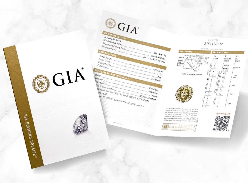 Certificate A GIA DiamondDossier report with a round diamond on top